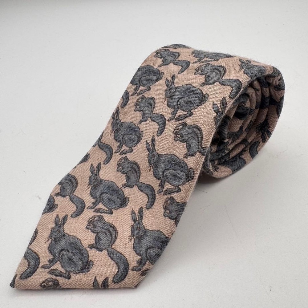 Hermes Necktie Rabbit Squirrel Pattern Slim All-over Design Used