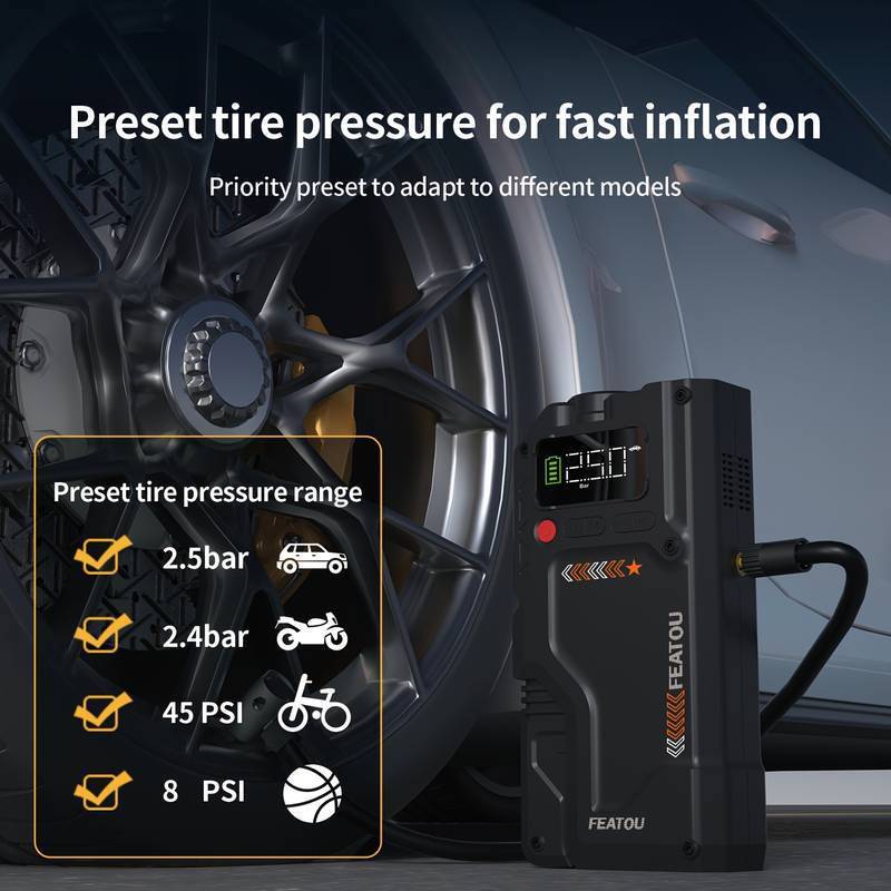 Featou 8000A Car Jump Starter With Air Compressor Pack Booster 12V Power Bank