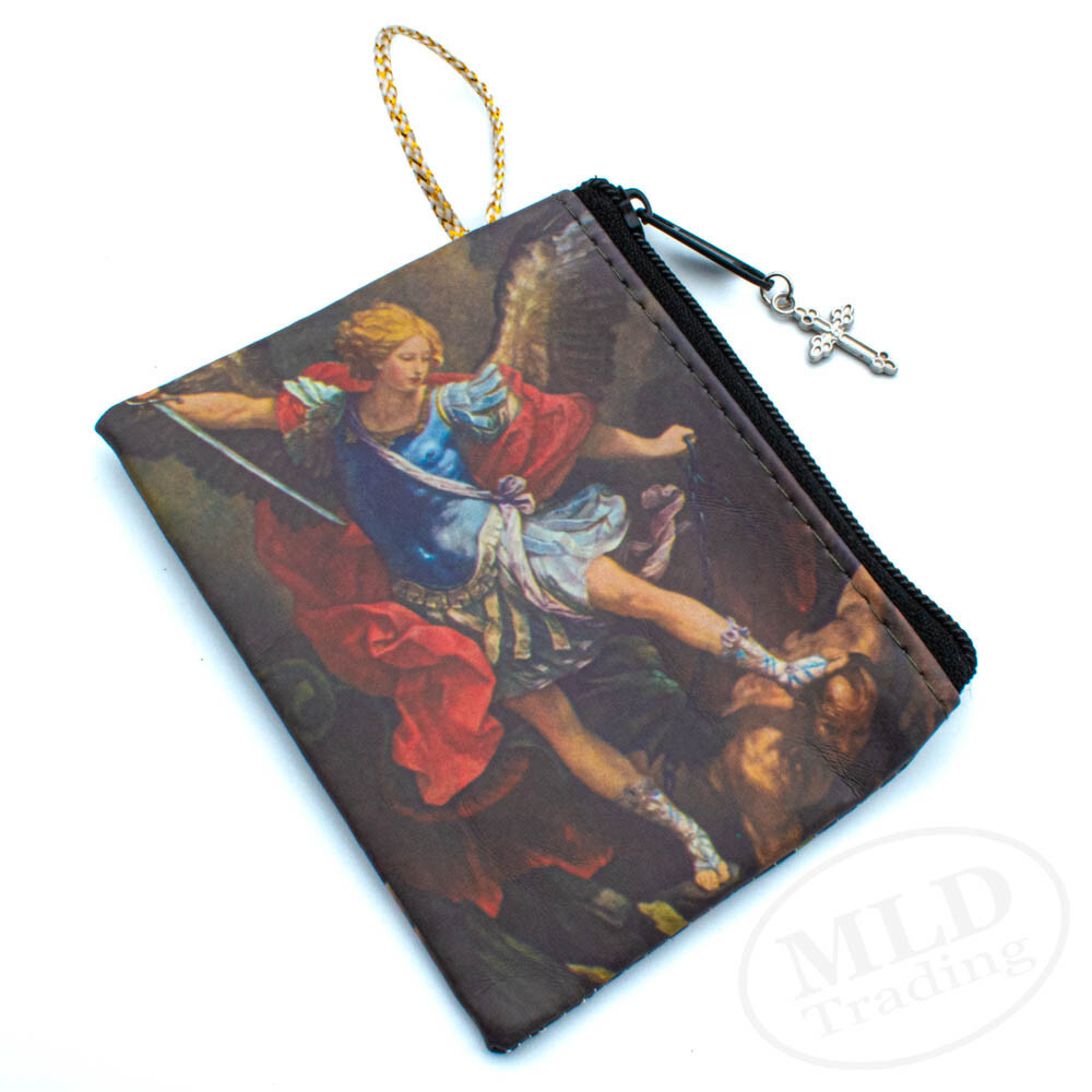 Archangel Saint Michael Rosary Pouch Case | Zippered Imit. Leather | Cross Charm
