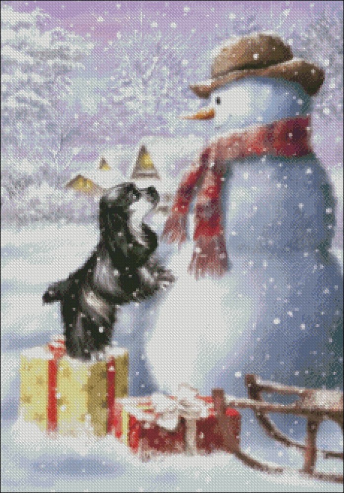 Pup with Snowman - Chart Counted Cross Stitch Patterns Needlework DMC Color
