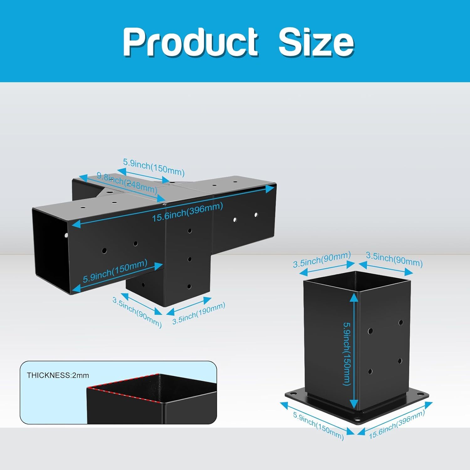 2 Pack Pergola Kit-4 Way 4x4'' T Bracket Corner Bracket/Gazebo Kit DIY Post Base