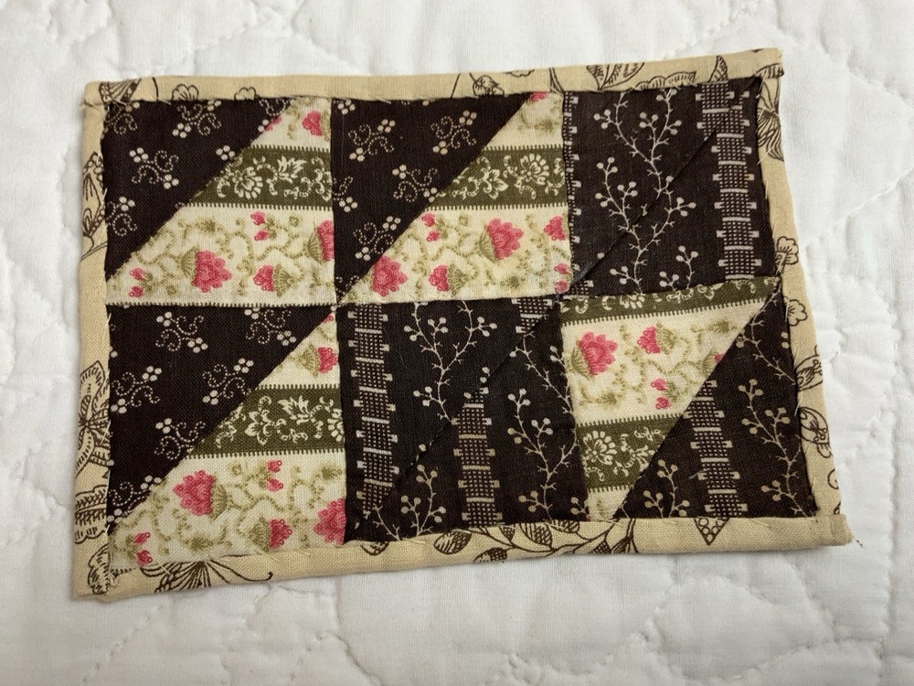 Antique Patchwork Quilt Table Topper, Nine Patch, Triangle, Early Calicos, Brown