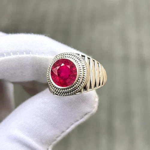 925 Silver Men Round Ruby Statement Ring Bohemian Style Jewelry