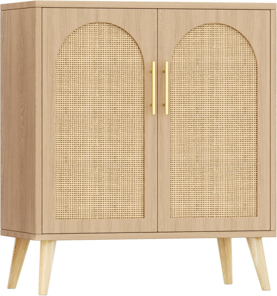 Rattan Buffet Cabinet with Storage, Boho Buffet Table with Adjustable Shelf and