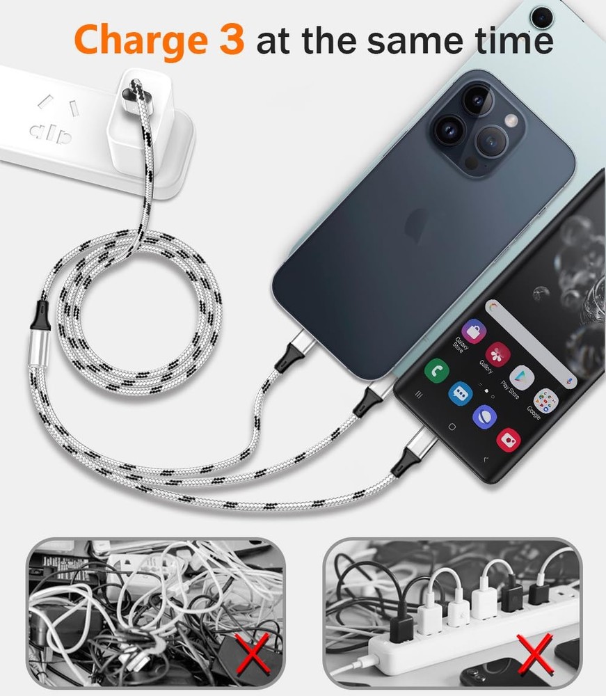 Multi Charging Cable, 5ft 3Pack Charger Cable Nylon Braided 5ft, Silver