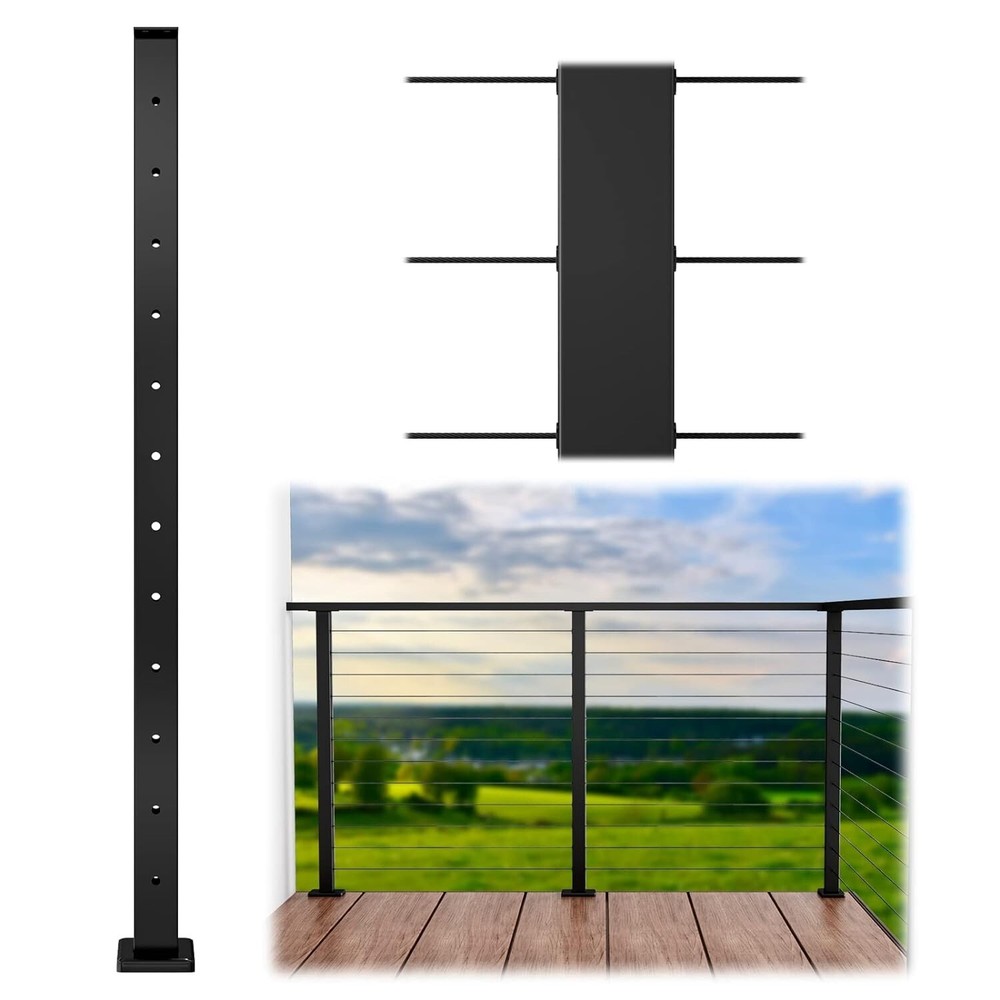 Cable Railing Post 41"x2"x2" Fixed top Level Line Post Mount Black Level Drill