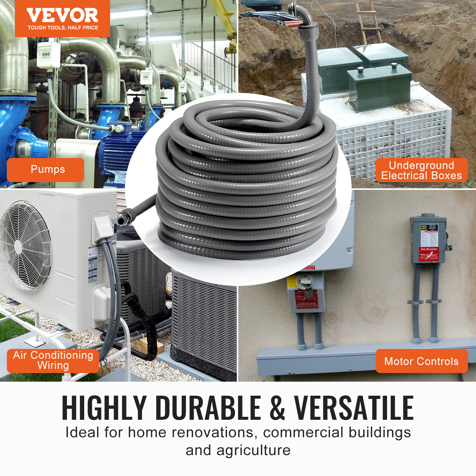 VEVOR 1/2 in Flexible Liquid-Tight Electrical PVC Conduit 100 ft Non-Metallic