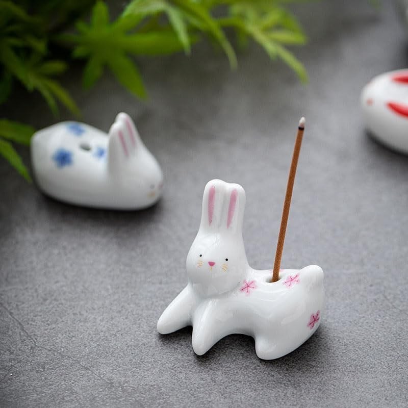 Cute White Rabbit & Cat Ceramic Incense Holders - 4Pc Set for Tranquil Spaces