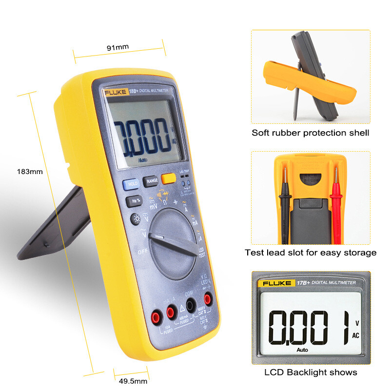 Fluke 18B+ AC/DC Voltage Current Digital Multimeter Auto/Manual Range LED Test