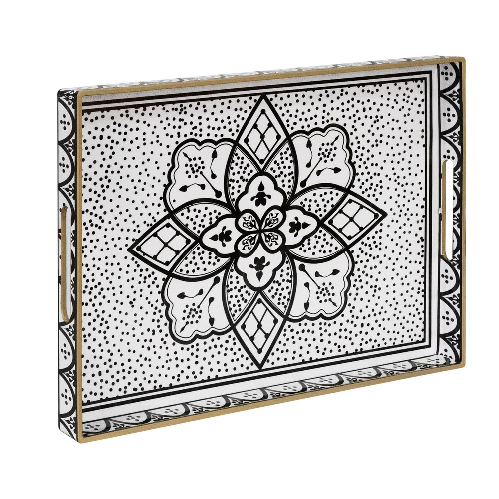 Plastic Serving Tray with Handles Rectangular Black Flower Pattern 15.8x11.8 In