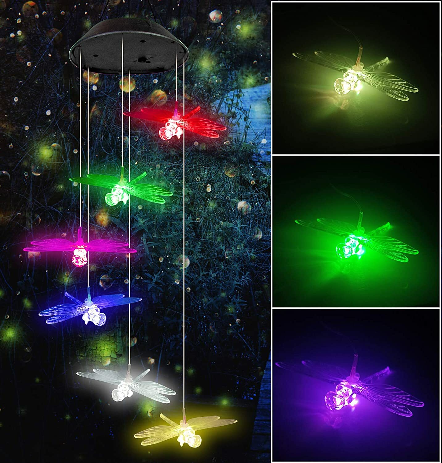 LED Solar Wind Chimes ,7 Color-Changing ,Cute Dragonfly Yard Home Garden Decor
