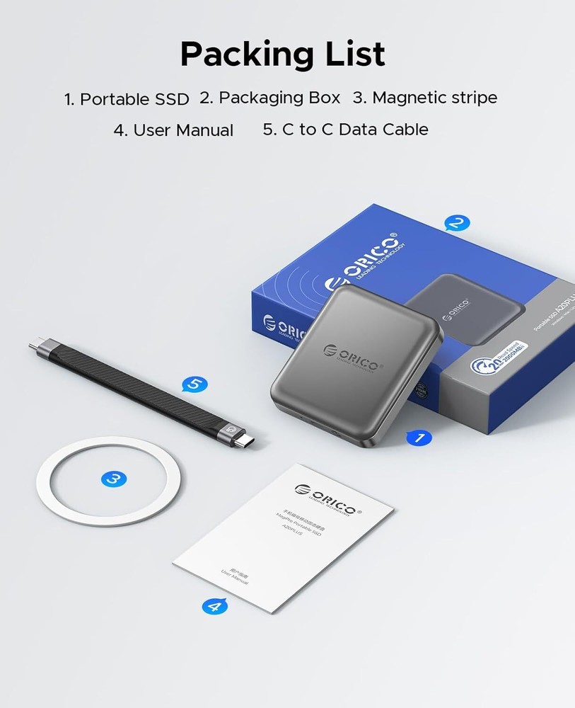 ORICO 2TB Magnetic External SSD 2000MB/s Portable Solid State Drive 4K