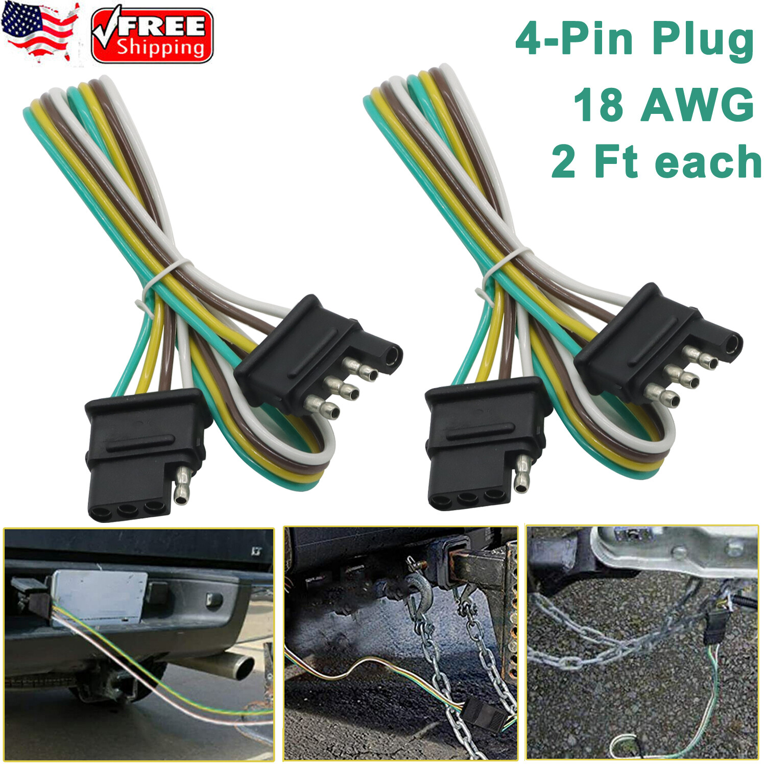 2X 4-Pin Plug Trailer Light Wiring Harness Extension 18 AWG Flat Wire Connector