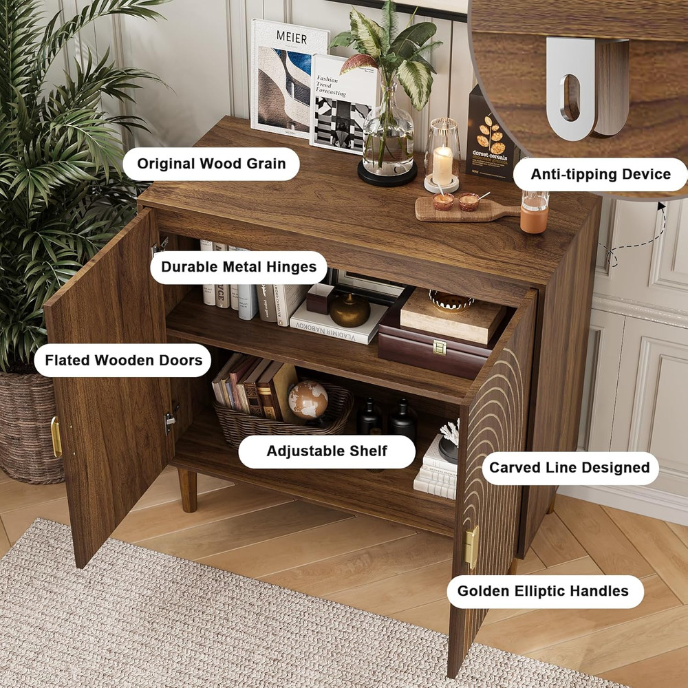 Stylish Walnut Sideboard Buffet Cabinet with Adjustable Shelf and Storage