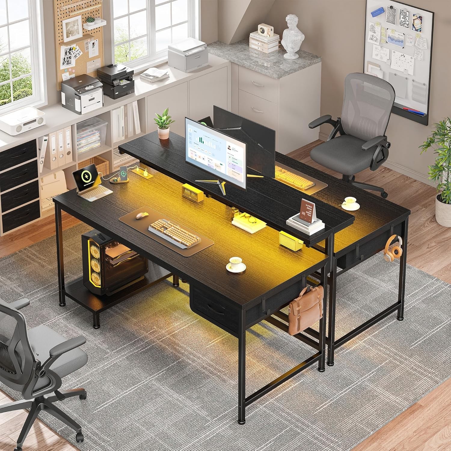 39.3Inch Office Desk with Power Outlet & Drawer, Gaming Desk with CPU Stand& LED