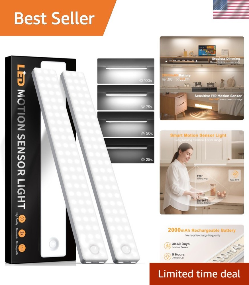 Smart Motion Sensor Under Cabinet Lighting - 2-Pack Rechargeable & Dimmable