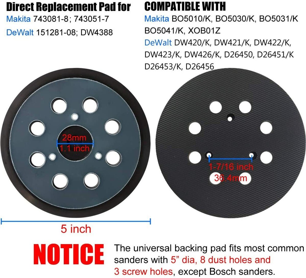2PACK 5"Orbital Sander Replacement Pads Hook Loop for Dewalt/Makita/Porter Cable