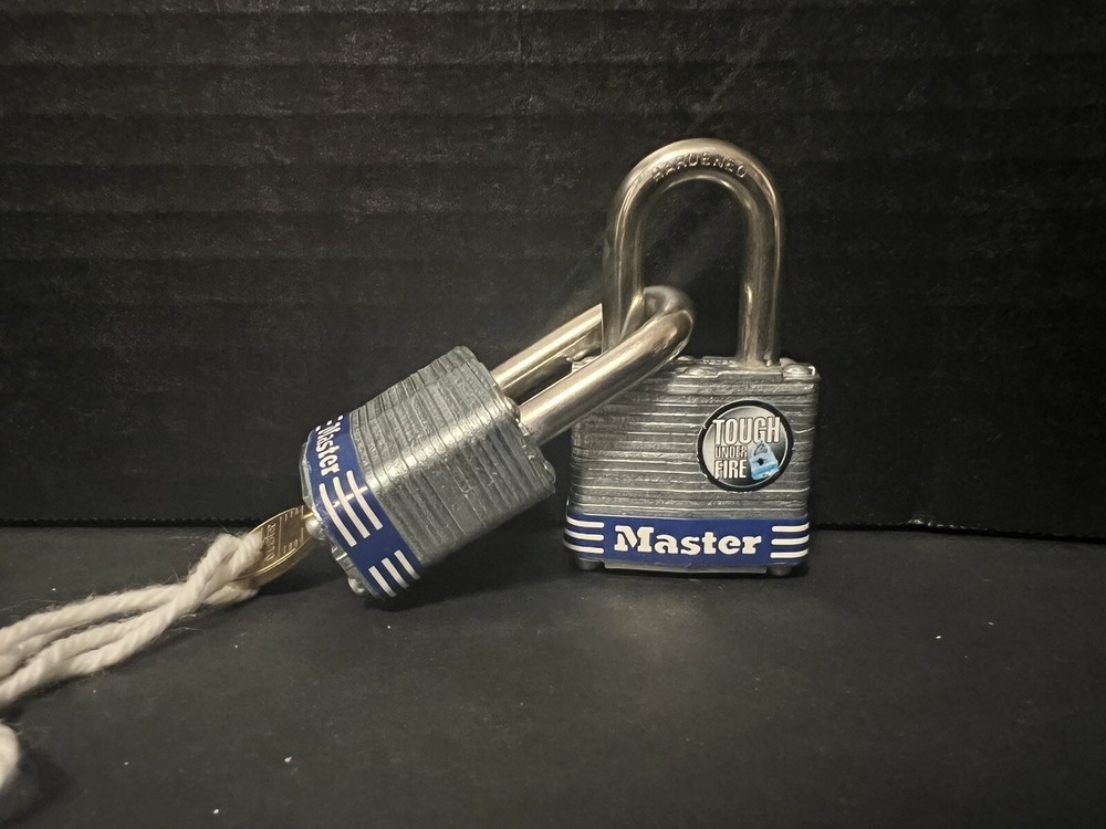 2 Master Lock Padlocks Shackle Keyed Alike Blue Logo