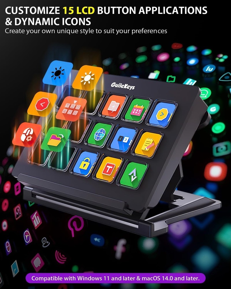 Multi-Platform Stream Deck with Custom Animated Icons and 15 Shortcut Keys