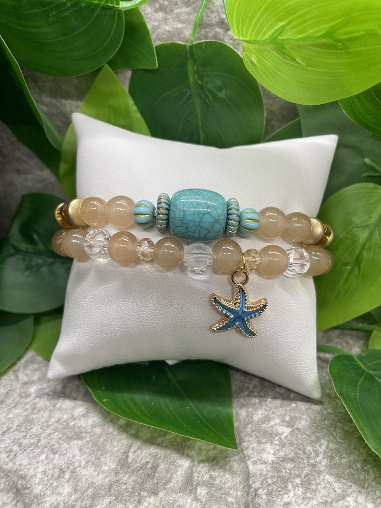 2 PC Handmade Beaded Stackable 7” Plus Stretch Bracelet Set Starfish New A4564