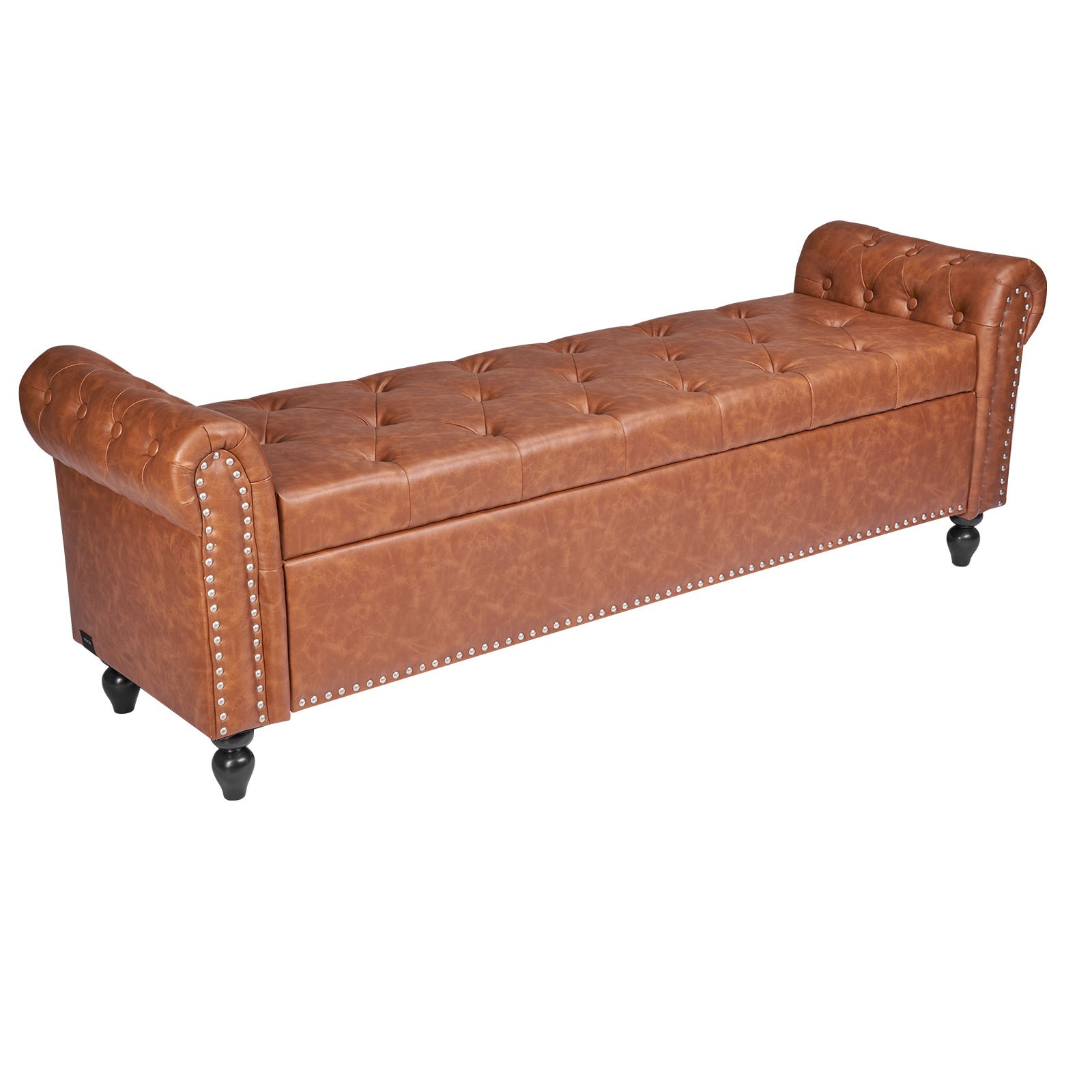 Uimoso Button-Tufted Storage Ottoman Bench Rolled Arm PU Leather Wood Legs Brown