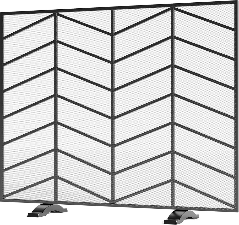 Single Panel Handcrafted Wrought Iron Mesh Chevron Fireplace Screen, Fire Spark