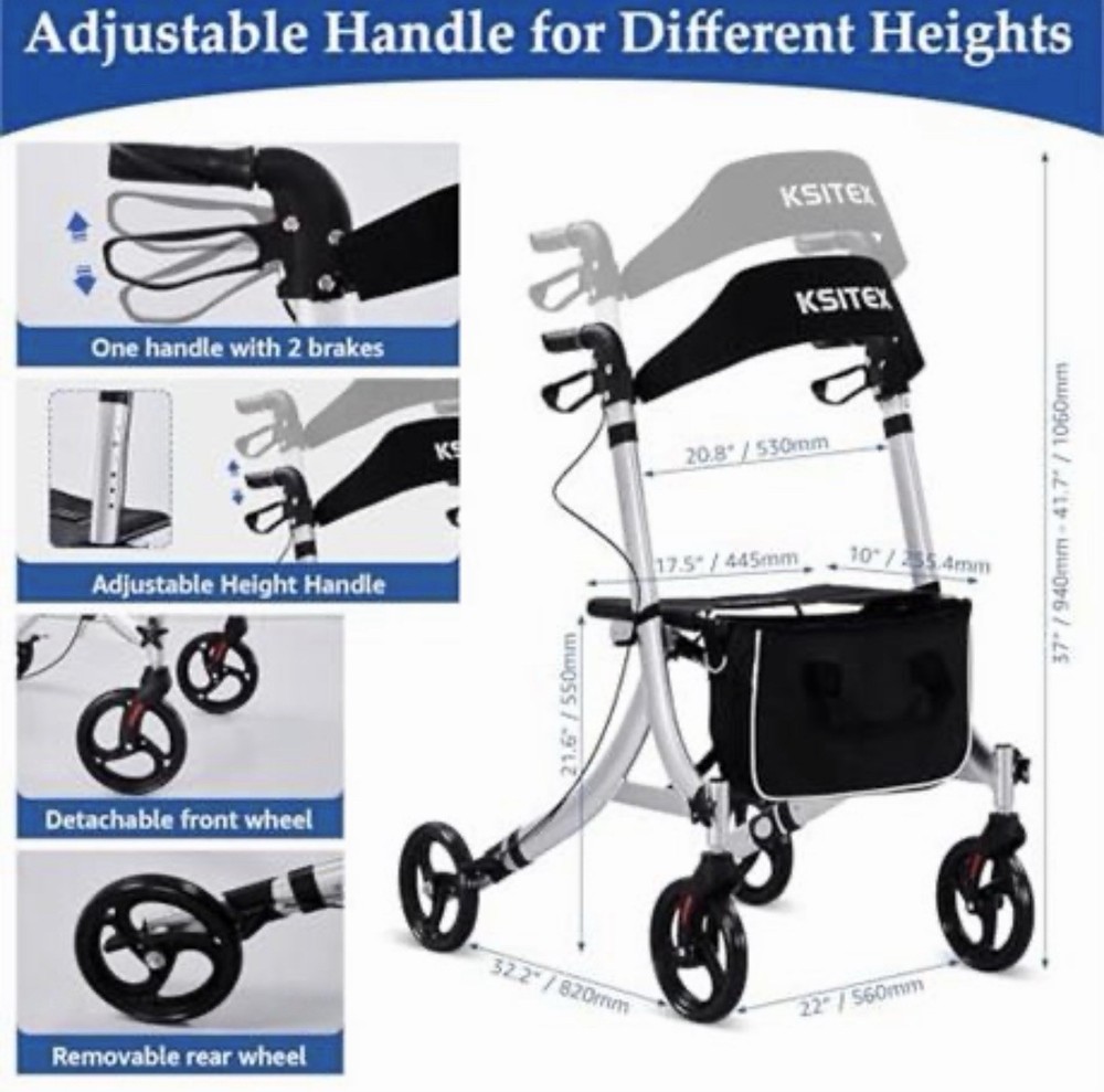 KSITEX Rollator Walker for Seniors – Folding Rolling Walker with Backrest