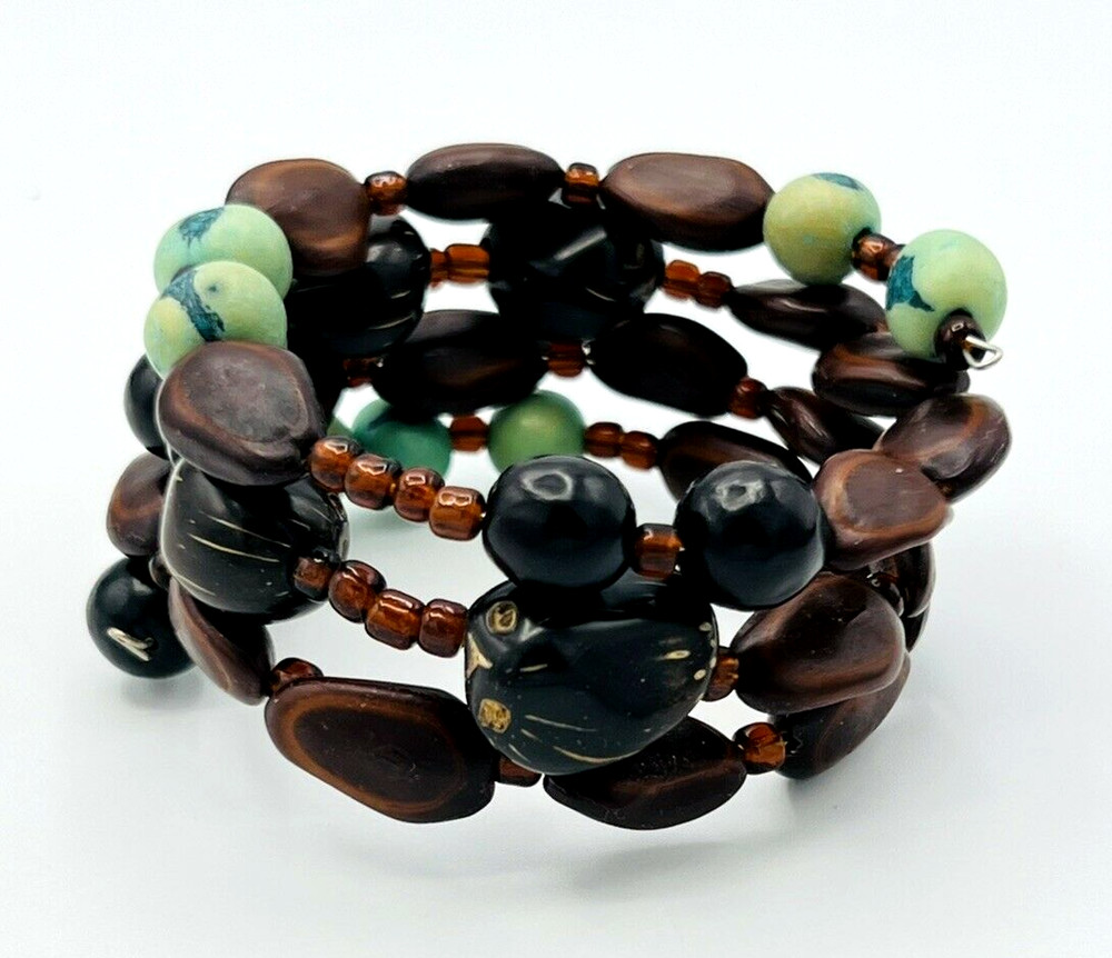 Artisan Nut Beads Memory Wire Wrap BOHO Bracelet