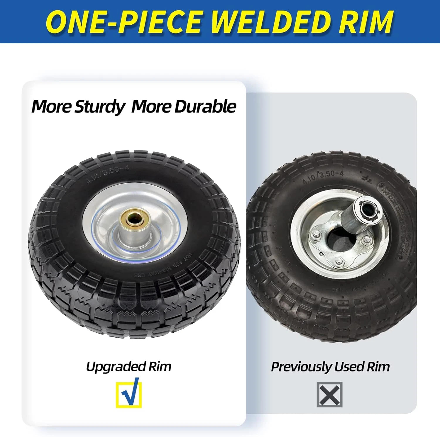 2PCS Upgrade 4.10/3.50-4 Flat Free Solid Rubber Tire and Wheel, 10" Solid Tires