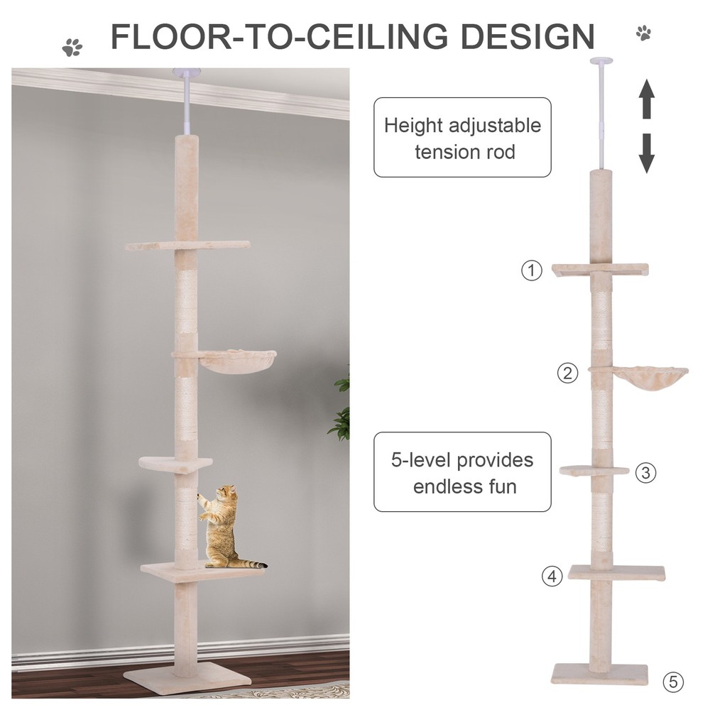 102" Adjustable Height Floor to Ceiling Cat Tree, 5 Level Cat Tower with Posts