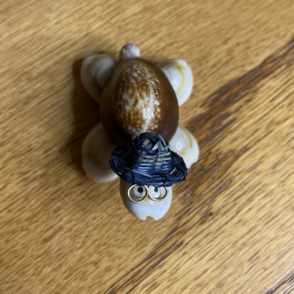 Tiny Vintage Seashell Turtle with Glasses and Straw Hat, Desk Decor