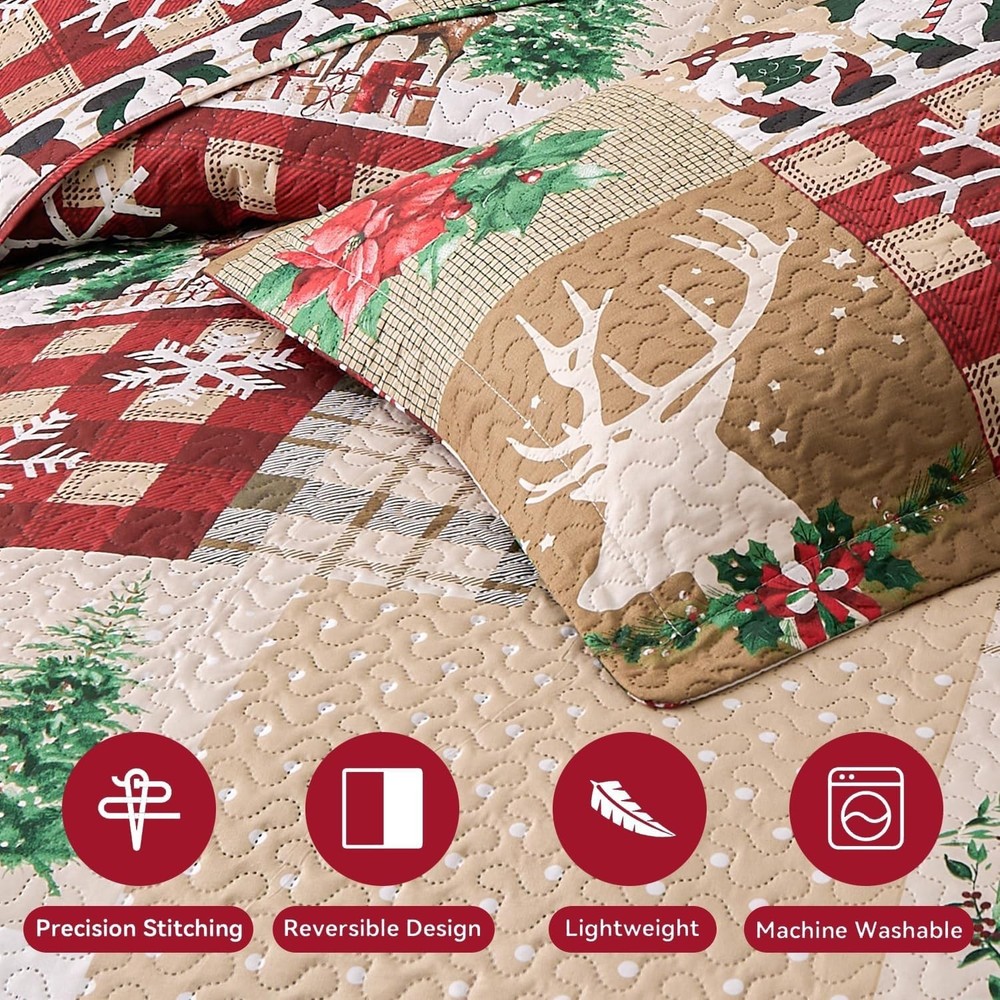 3-Piece Christmas Quilt Set Queen - Luxurious Microfiber with Patchwork Charm