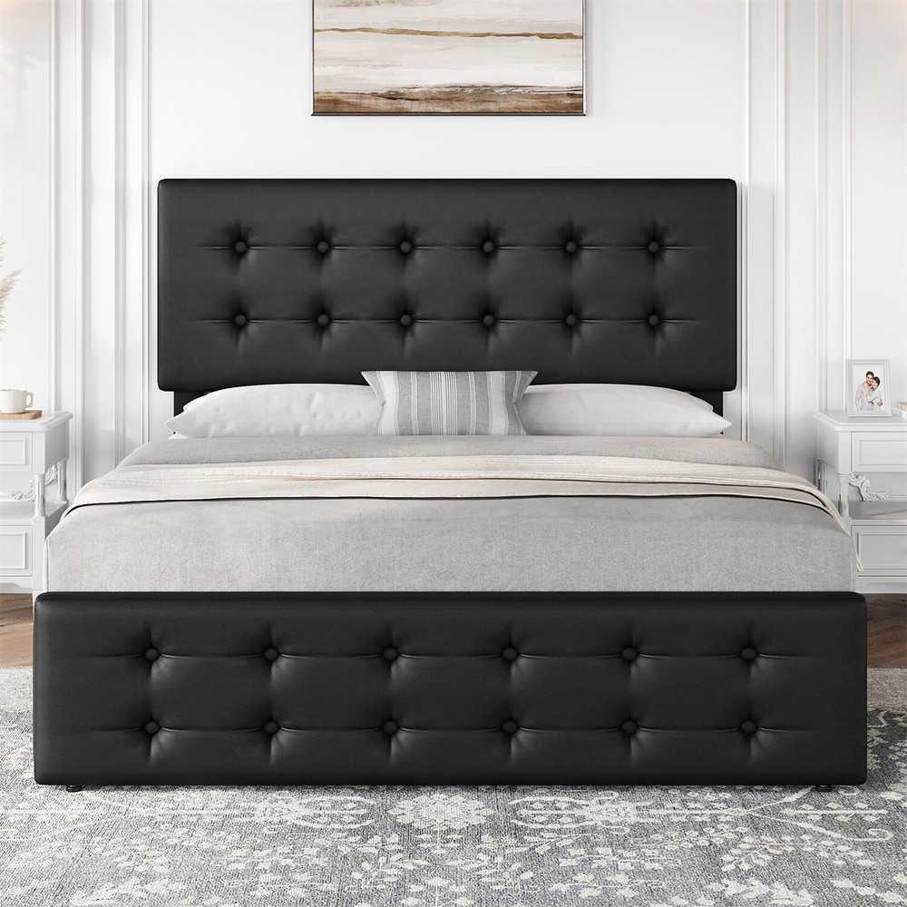 ⭐Full Size Bed Frame with 4 Storage Drawers and Headboard Upholstered Platform U