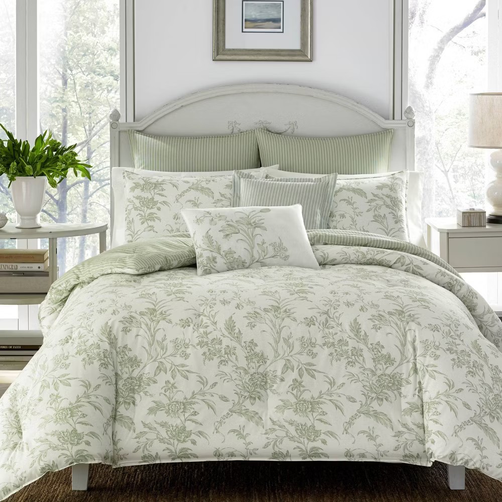 LAURA ASHLEY Natalie Green King Cotton 7pc Comforter Bedding SET