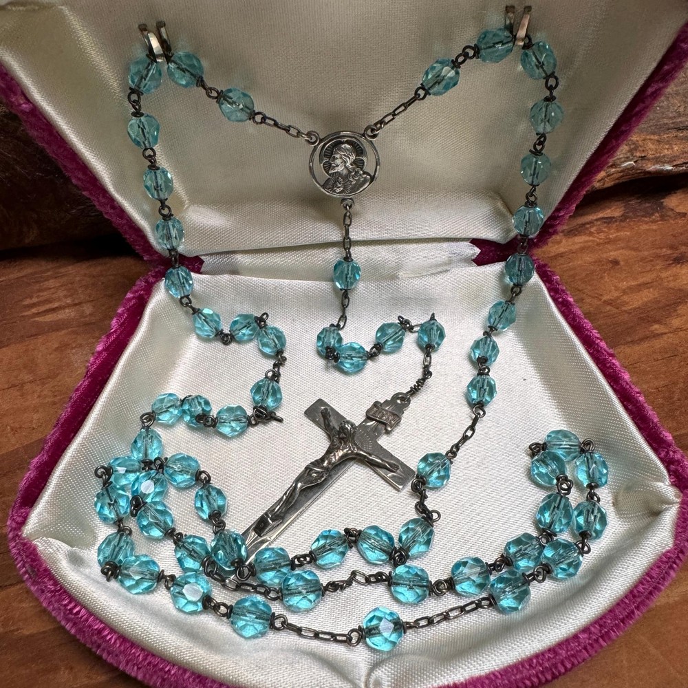 Vintage AFCO Sterling Silver & Soft Blue Glass Bead Rosary