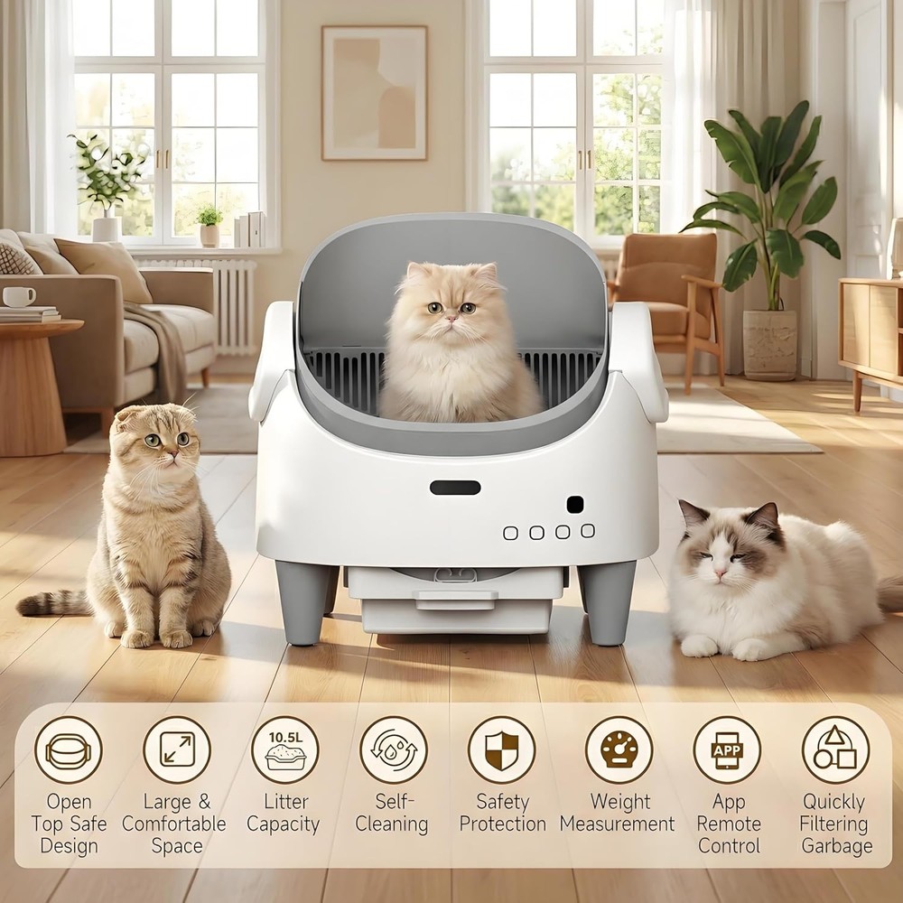 App-Controlled Self-Cleaning Litter Box, Open-Top for Large Cats Multi-Sensor