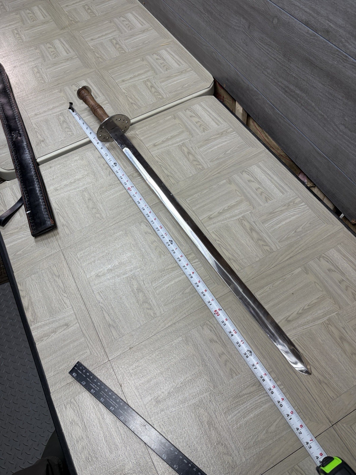 Pakistan Reproduction Battle Sword W Leather Sheath Wood Handle Metal Blade Vtg