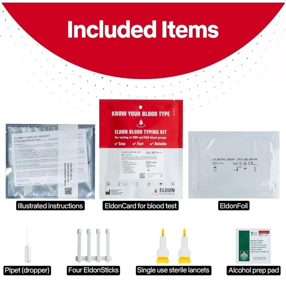 Complete Kit BLOOD Type Test EldonCard HOME TEST Kit Air Sealed Envelope