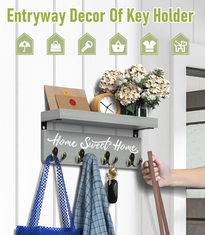 Key Holder Wall Mount with 4 Double Hooks-Solid Wood Wall-Mounted Organizer USA