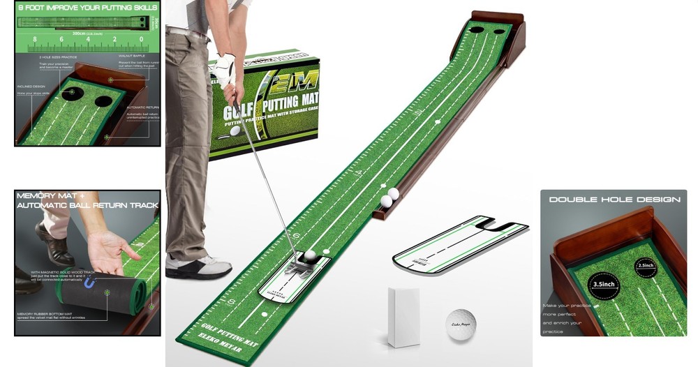 Foldable Portable Golf Putting Mat with Mirror & Automatic Ball Return System