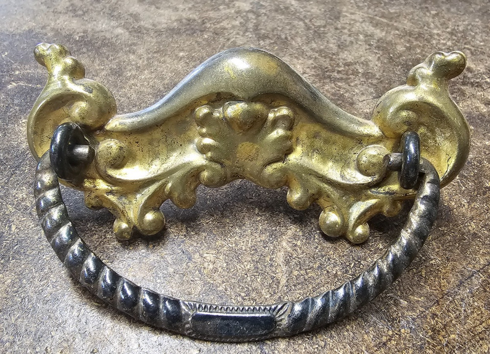 3 Antique Stamped Brass Drawer Pulls Handles Back Plates