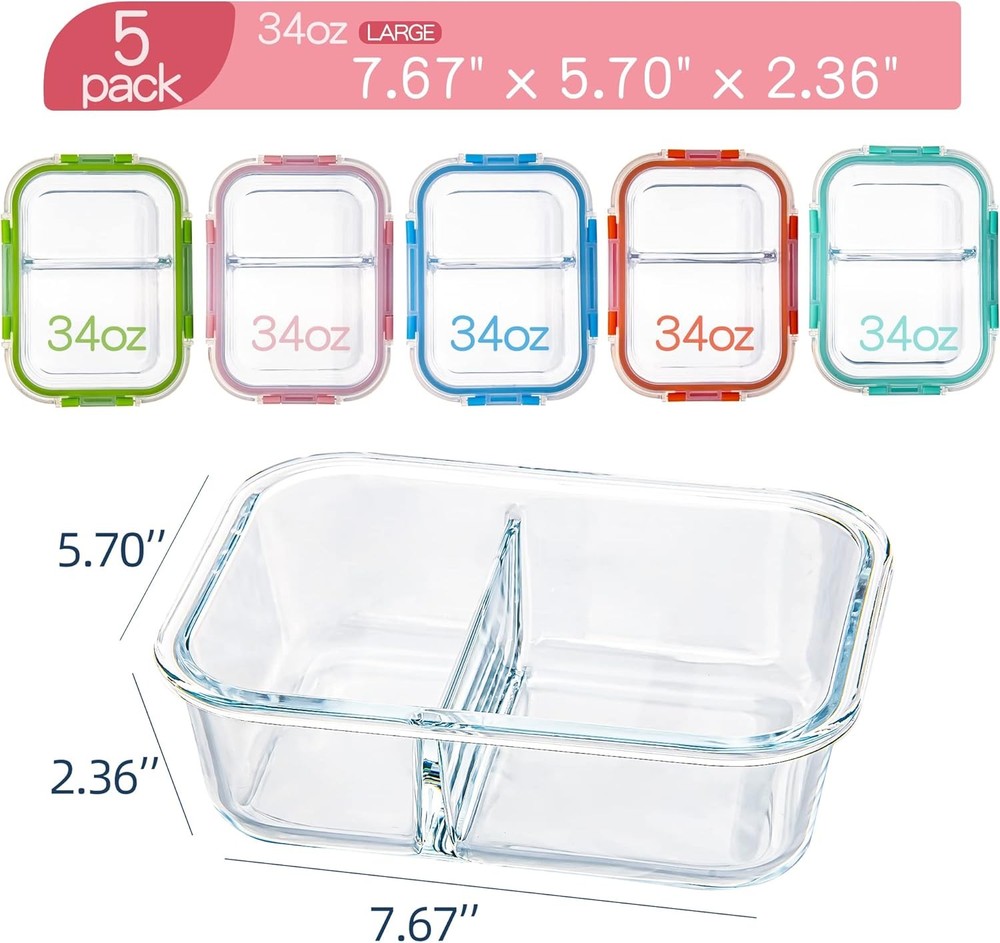 Glass Meal Prep Containers 2 Compartment with Lids (5 Mixed, 2