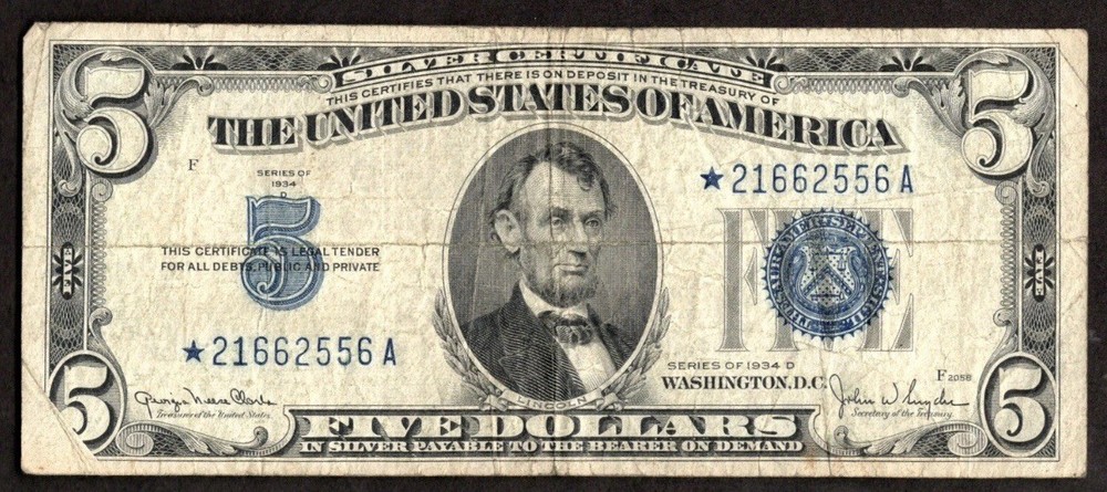1934D $5 Silver Certificate STAR Note With Obstruction Error FREE SHIPPING
