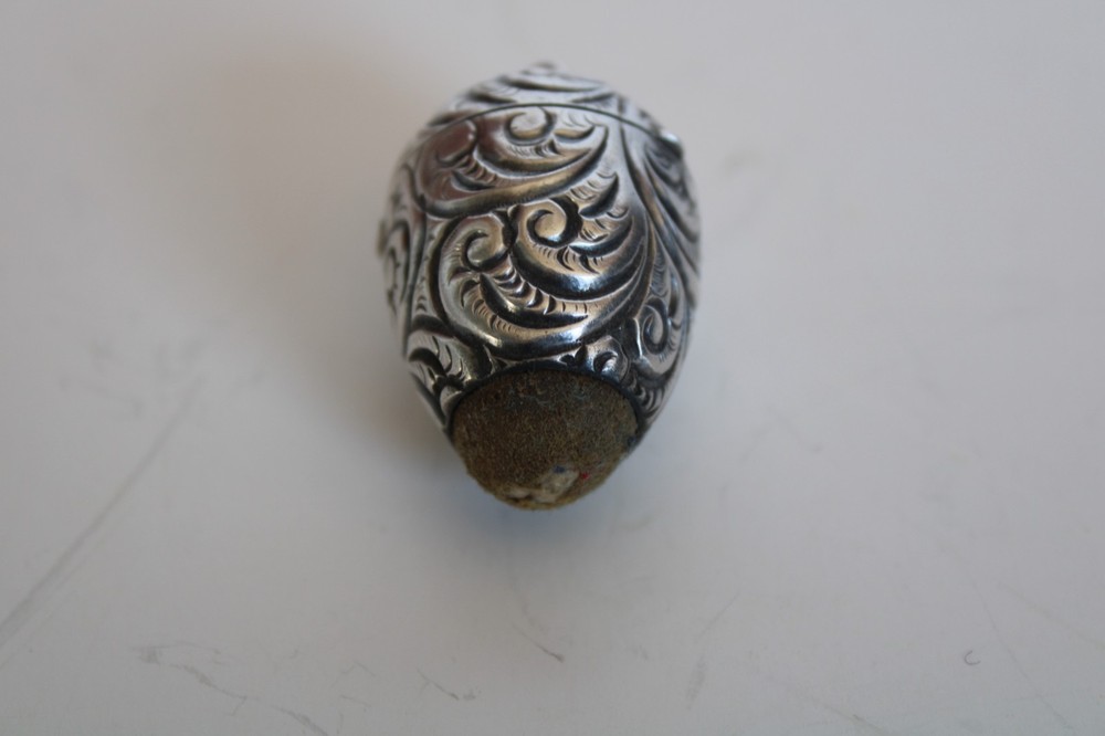 Antique Sterling Silver Repousse Sewing Chatelaine Egg Thimble Case & Pincushion