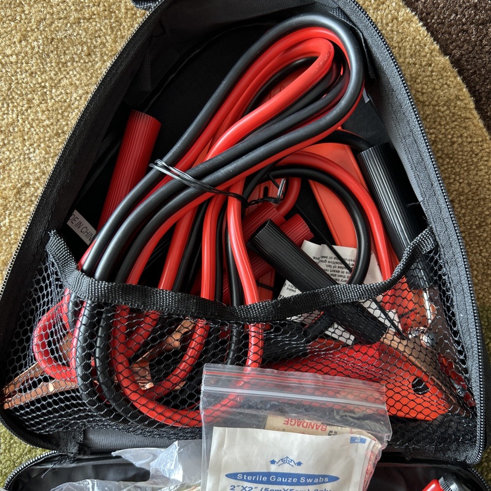 Used Weather Handler Caution Triangle Emergency First Aid and Jumper Cables Kit