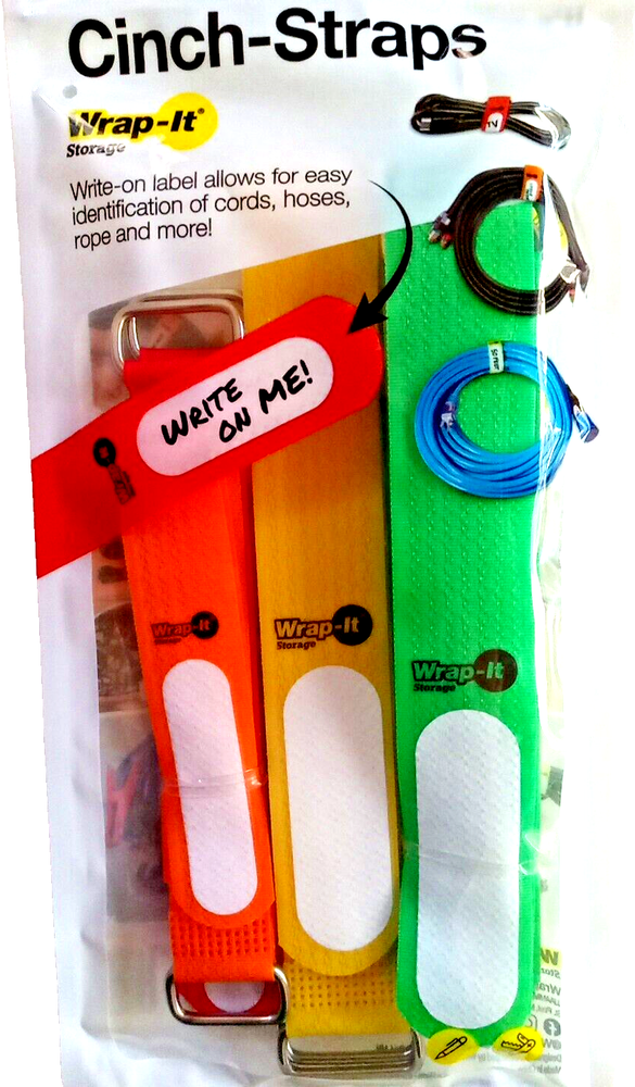 Wrap-It Storage Cinch-Strap Cord Storage Straps, Write On Labels Assorted 8-Pk.