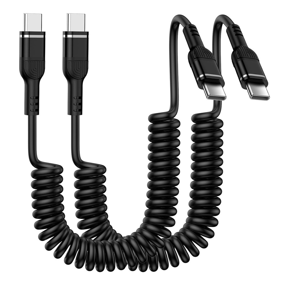 Retractable USB C Cable, 2Pack 3ft Coiled USB-C to C Cable 3FT, Black