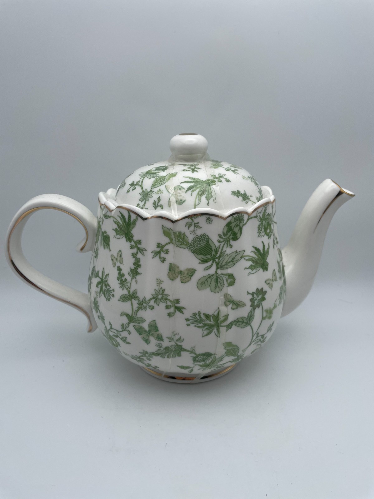 Grace Teaware Shabby Chic Green Floral Gold Trim Fine Porcelain Teapot & Lid B97