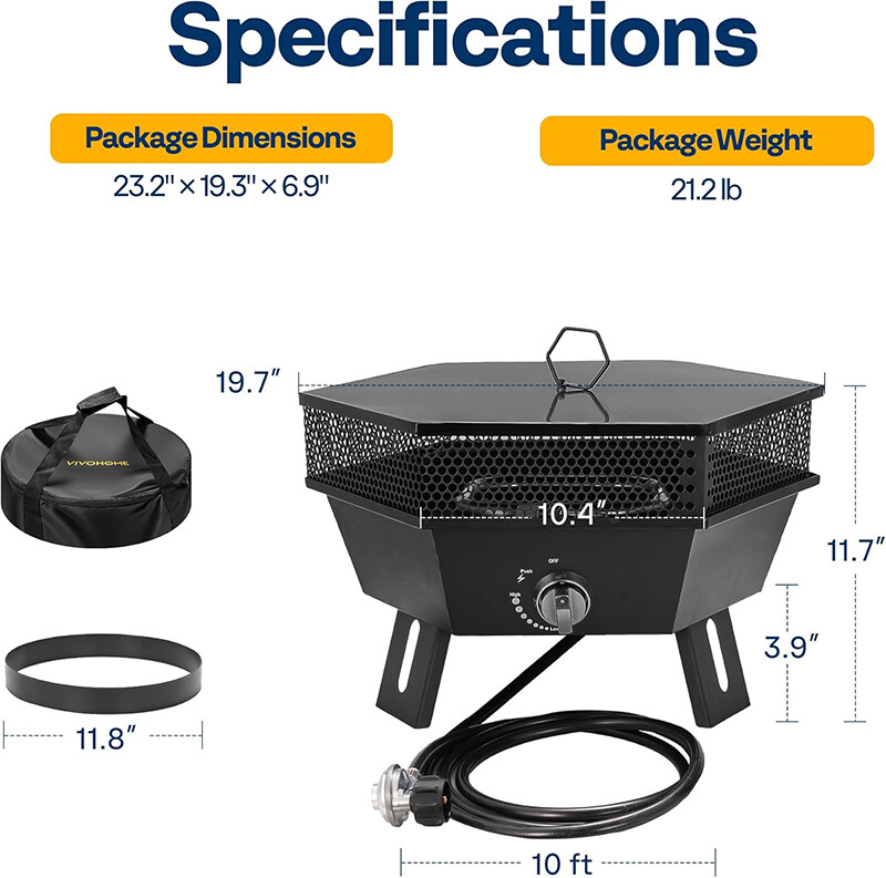 Portable Propane Outdoor Gas Fire Pit W/ Cover & Carry Kit 20-Inch 58,000 BTU