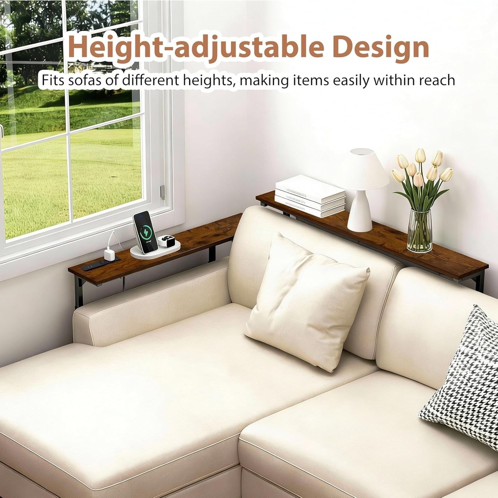 2 Pack Adjustable Height Narrow Console Table with Power Outlets, 70" Long Sofa